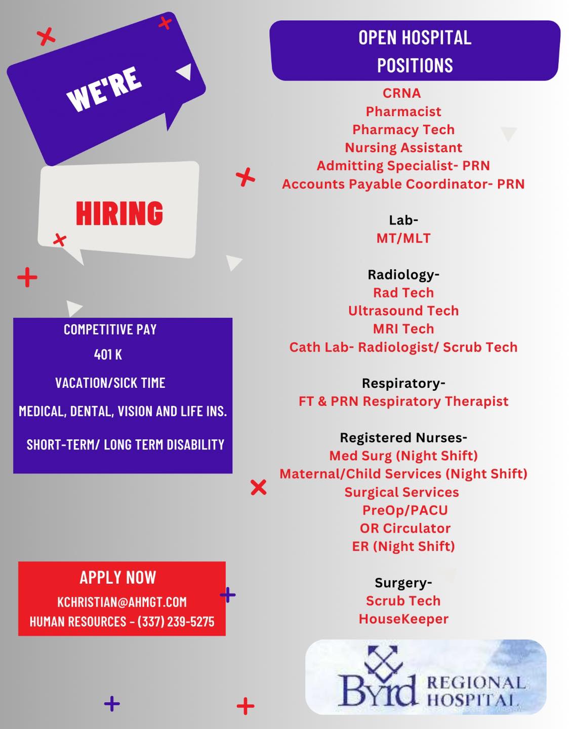 ⭐️ Open Hospital Positions ⭐️ - Byrd Regional Hospital