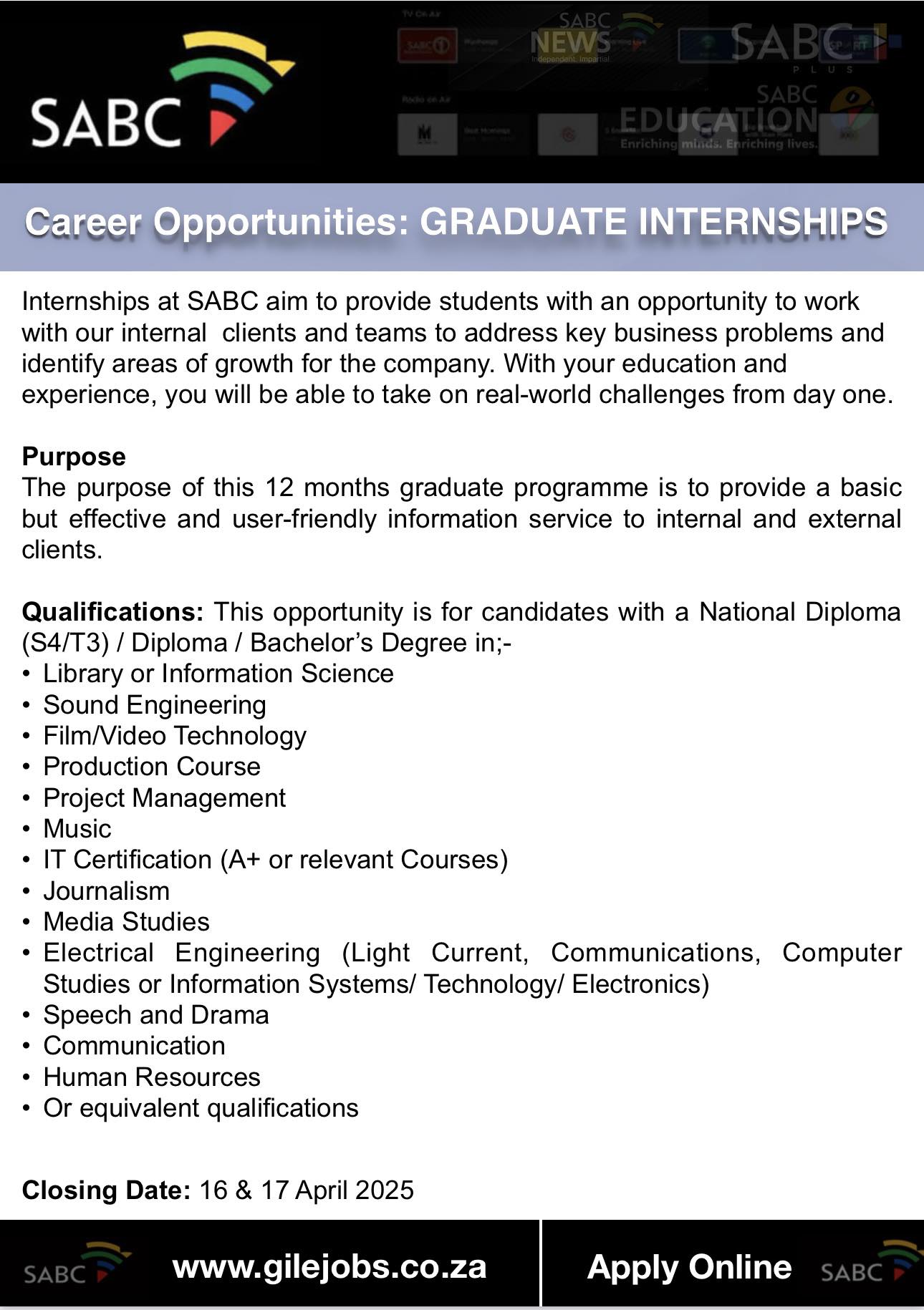 Sekhukhune - SABC’s Internship Programme for 2025 / 2026 graduates with ...