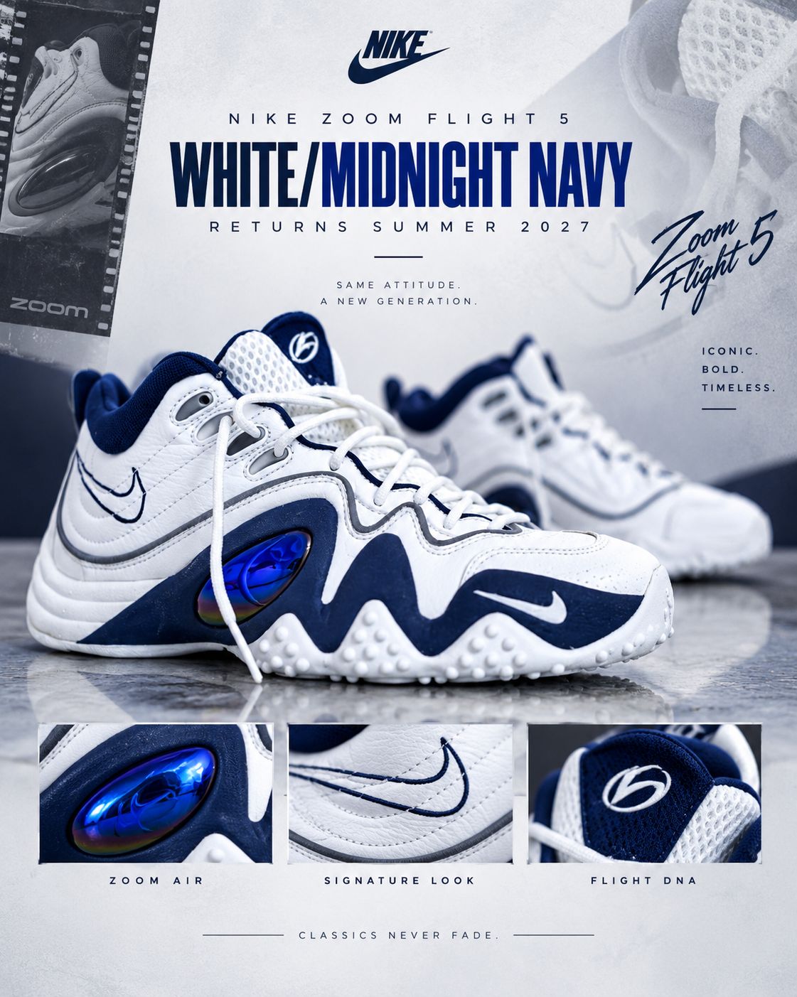 Nike Zoom Flight 5 “White/Midnight Navy” Returns Summer 2027 The