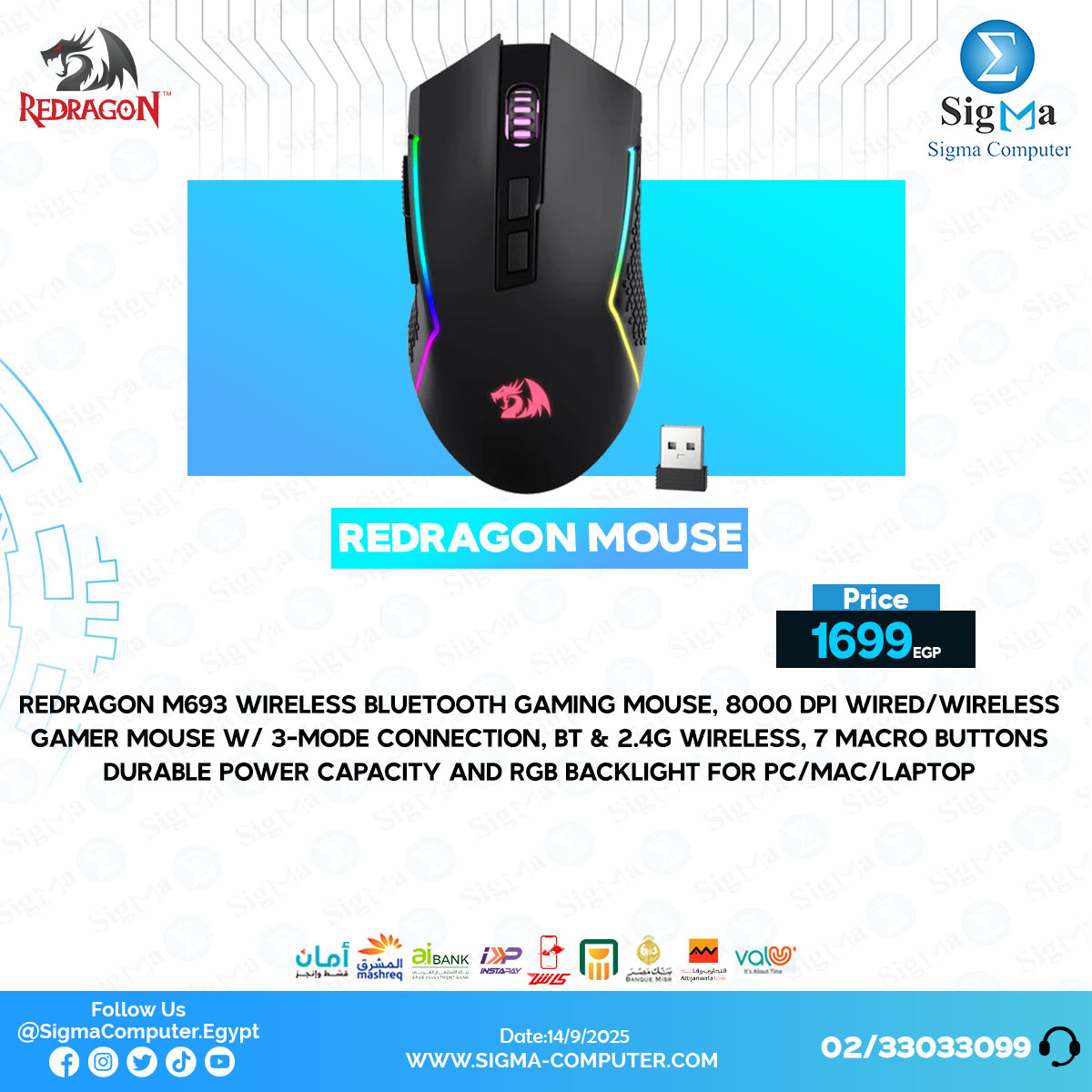 Sigma - Redragon M693 Wireless Bluetooth Gaming Mouse, 8000 DPI Wired ...