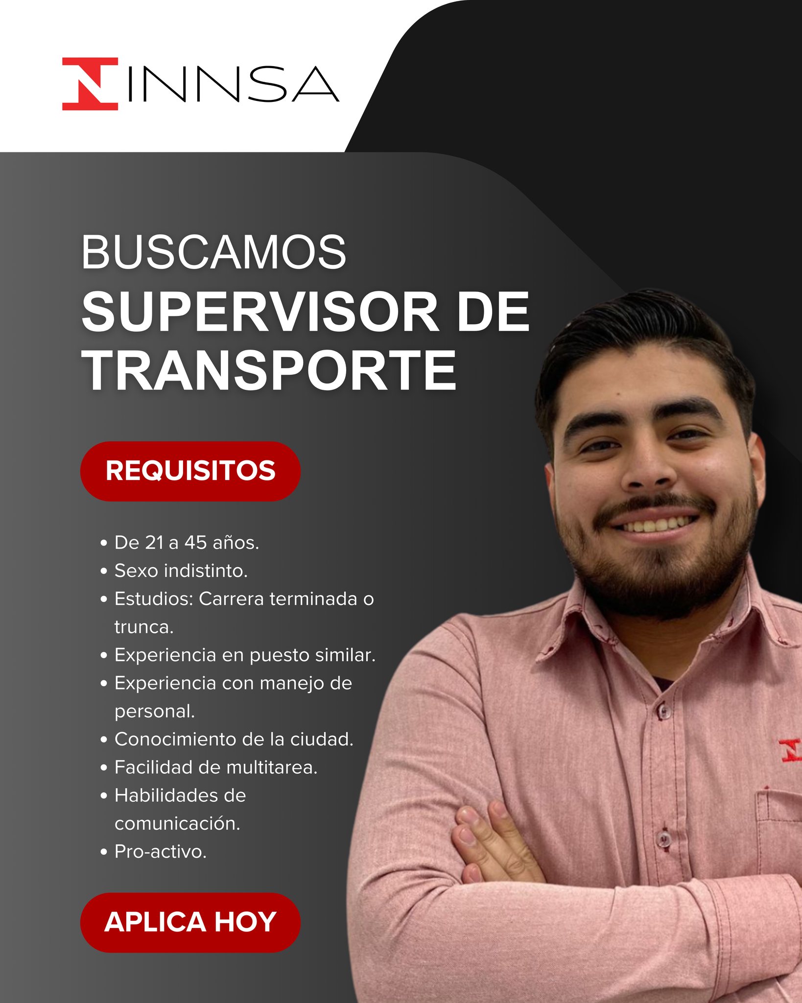 INNSA - Contamos con la vacante de 𝗦𝗨𝗣𝗘𝗥𝗩𝗜𝗦𝗢𝗥 𝗗𝗘 𝗧𝗥𝗔𝗡𝗦𝗣𝗢𝗥𝗧𝗘. ¿𝗖𝗨𝗠𝗣𝗟𝗘𝗦 ...