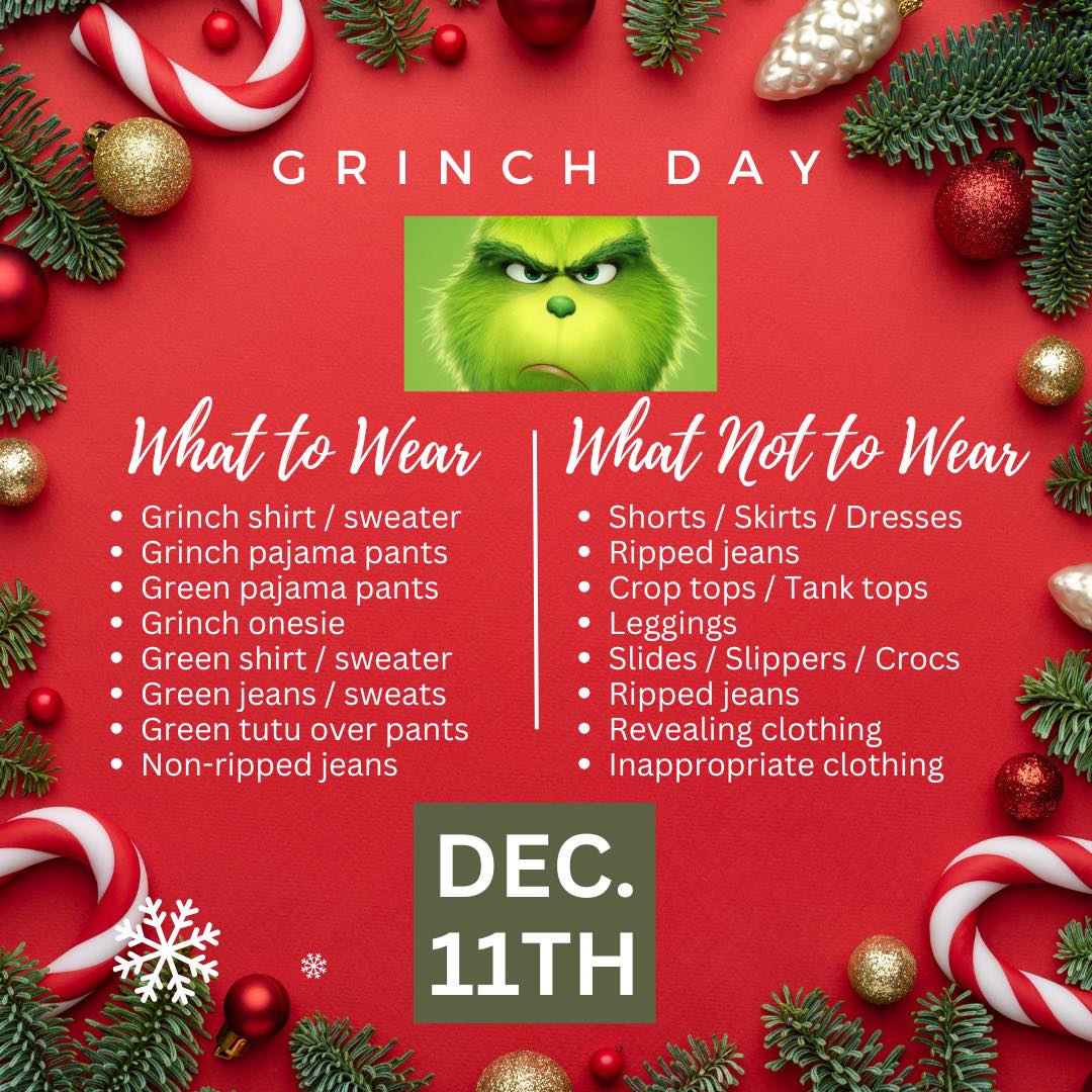 christmas dress code wording DECEMBER 2021 SPIRIT WEEK Get into the spirit Dec. 13-17! (Thanks to our Student Body Association for sponsoring this event.) and school rules still apply: Must wear closed-toe shoes si-medium