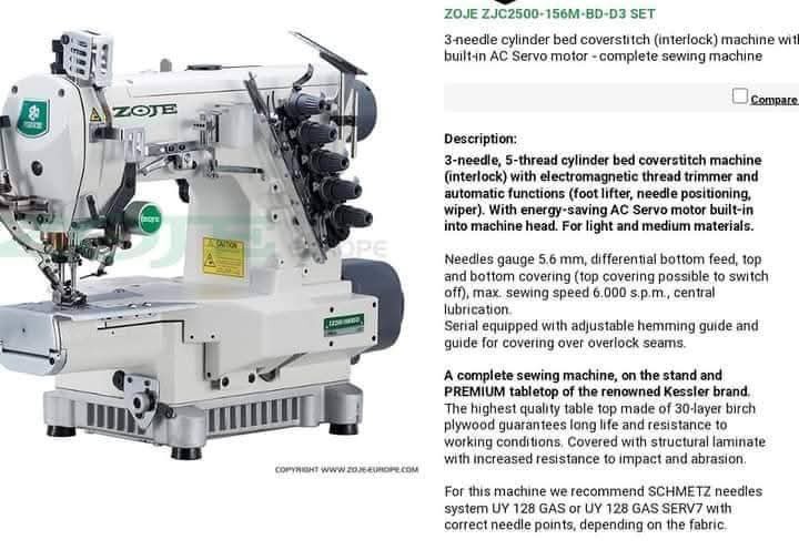 Machine à Coudre Industrielle ZOJE ZJC2500-156M-BD - Set 3 Aiguilles, 5 Fils Pour Surjeteuse/côte