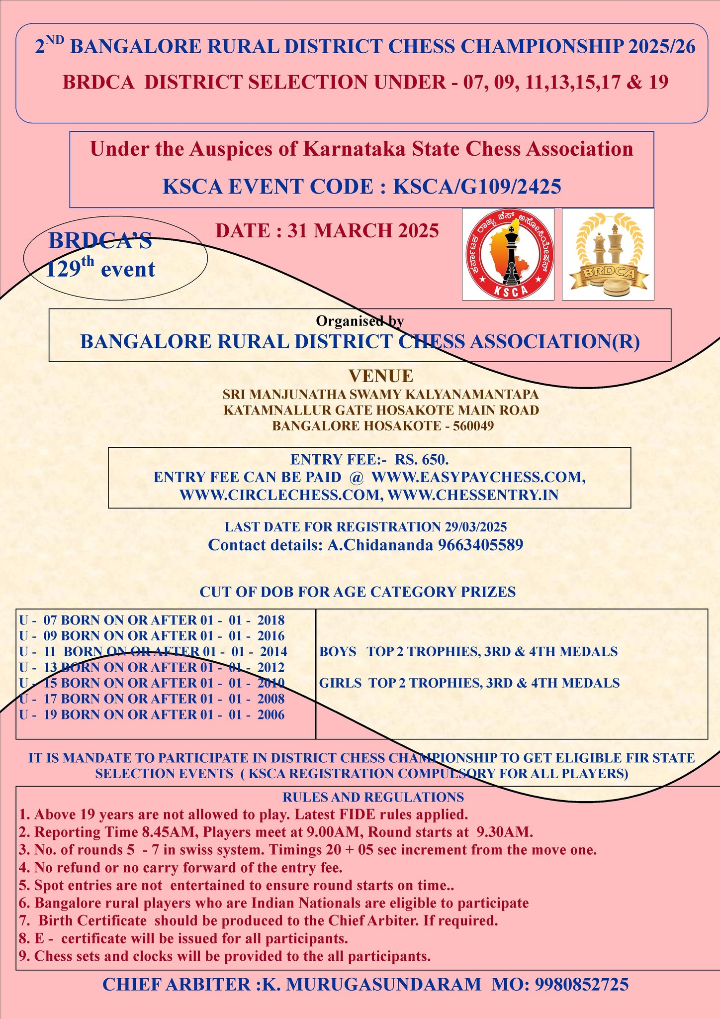 BRDCA - Bangalore Rural district Selection Chess Tournament 2025 on ...