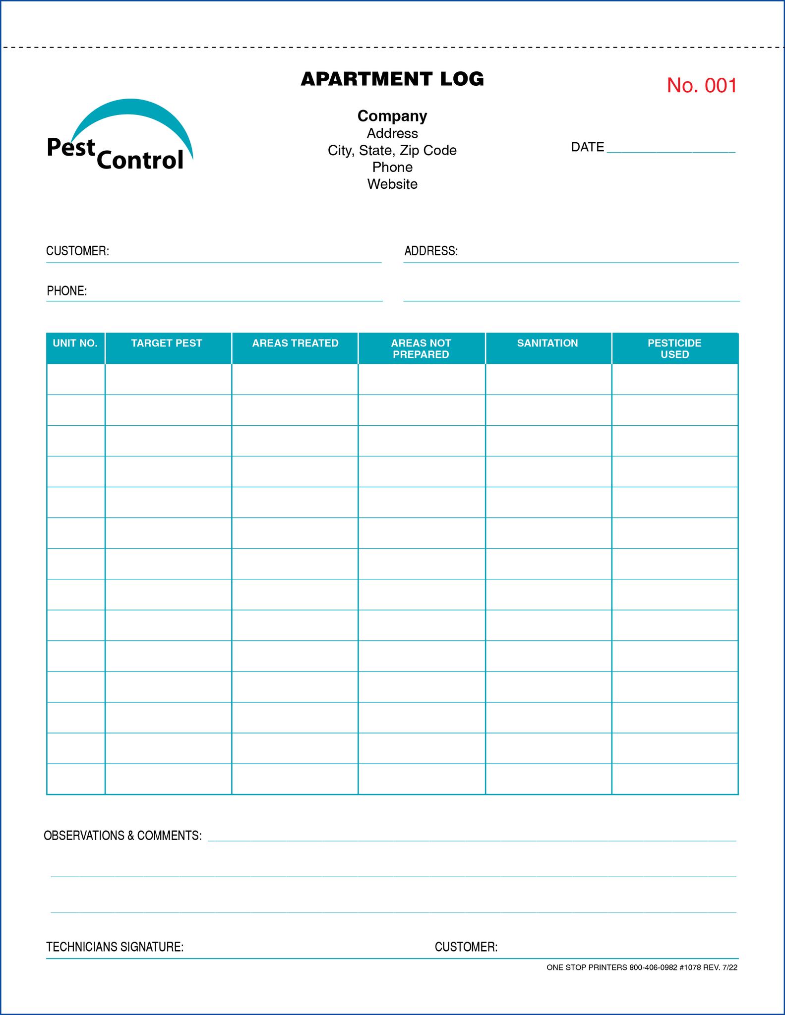 Apartment Log for Pest Control... - One Stop Printers | Facebook