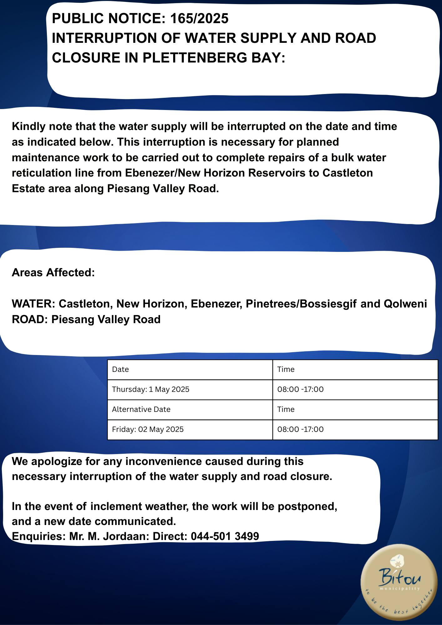 Bitou - BITOU MUNICIPALITY (WC 047) NOTICE NUMBER: 165/2025 ...