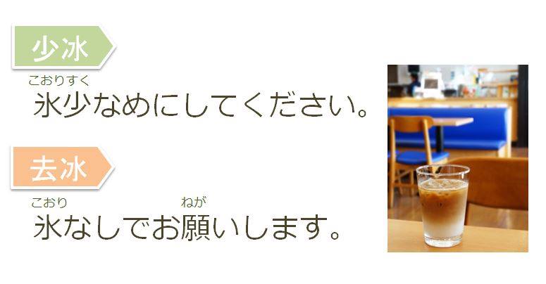 快快樂樂學日文 實用旅遊會話 飲料少冰 去冰的日文怎麼說 假如向店員點飲料時 希望冰塊少一點或不要加冰塊的話 日文要怎麼說呢 這個時候我們可以運用 ください 或 お願いします 的句型 請店員提供少冰或去冰的服務喔 少冰 氷少なめにして