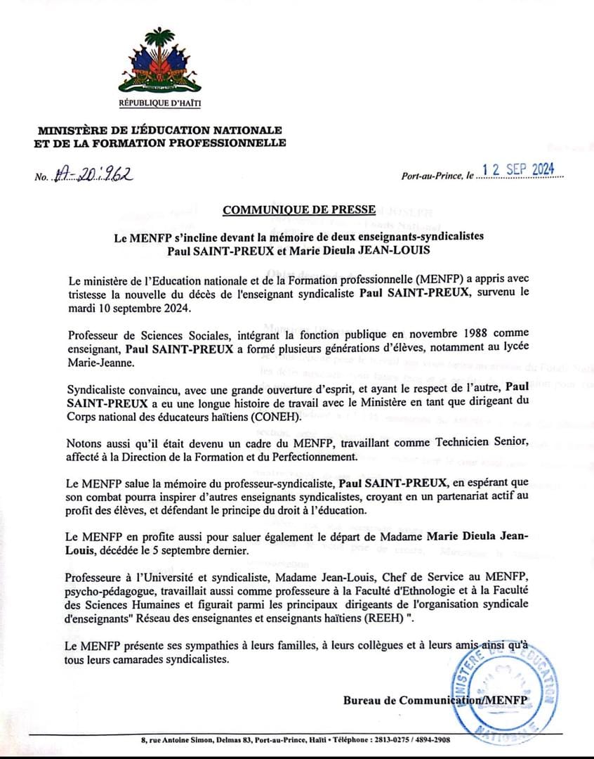 COMMUNIQUÉ DE PRESSE Le MENFP... - MENFP HAITI Officiel | Facebook