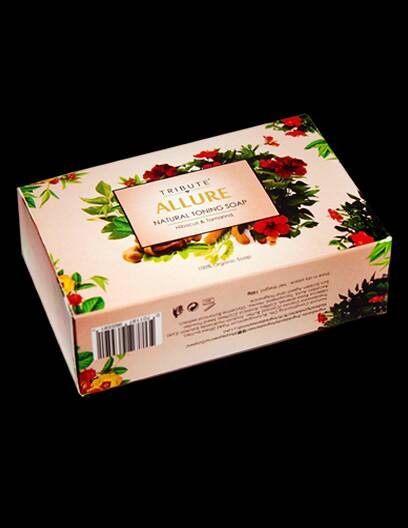 TRIBUTE ALLURE NATURAL TONING SOAP This creamy body soap makes your skin look radiant and glowing. It has a relaxing perfumed scent that lingers on the skin all day. The hibiscus in