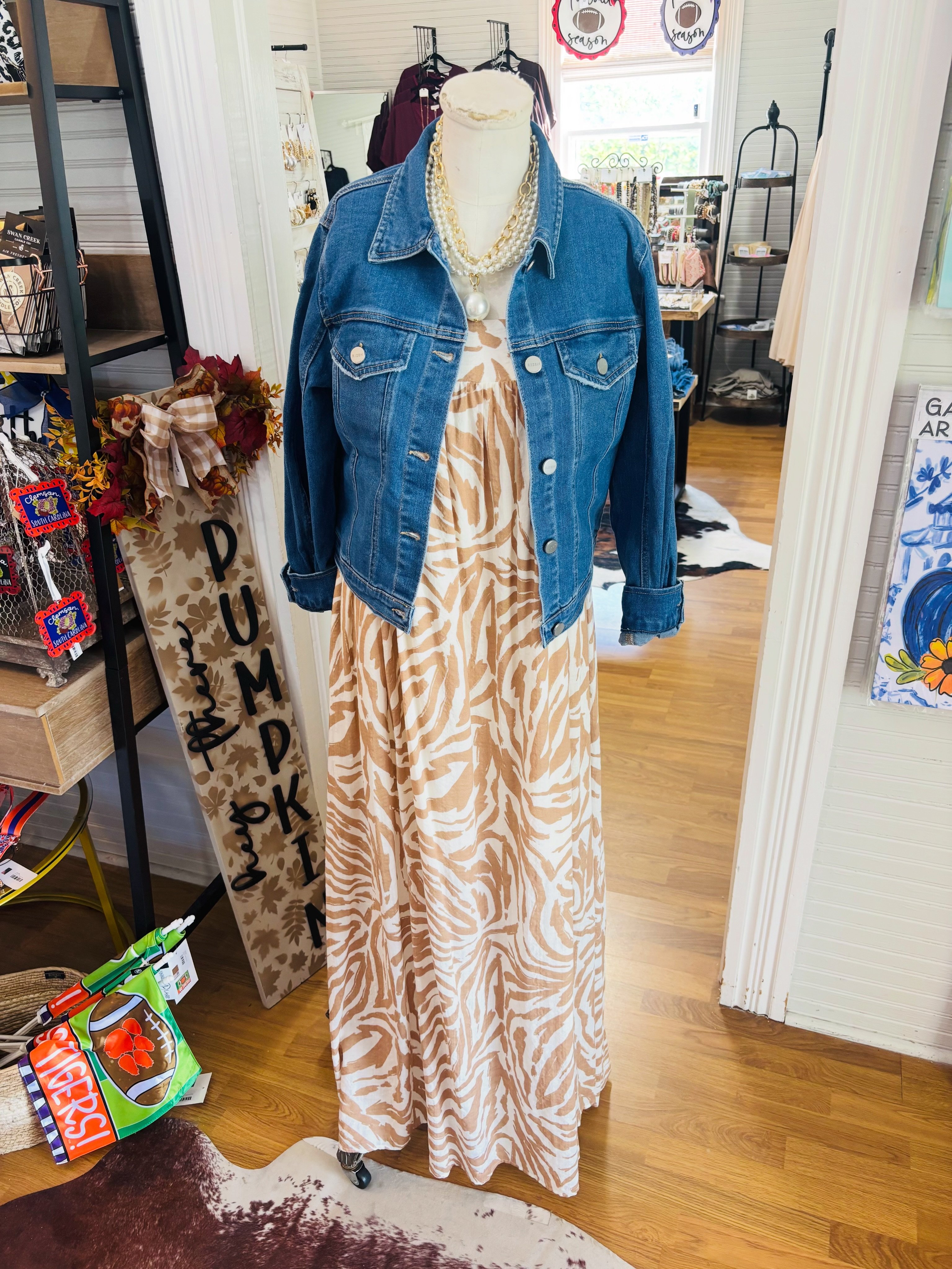 Last chance for tan animal print maxi dress at Big Oak Farms Boutique