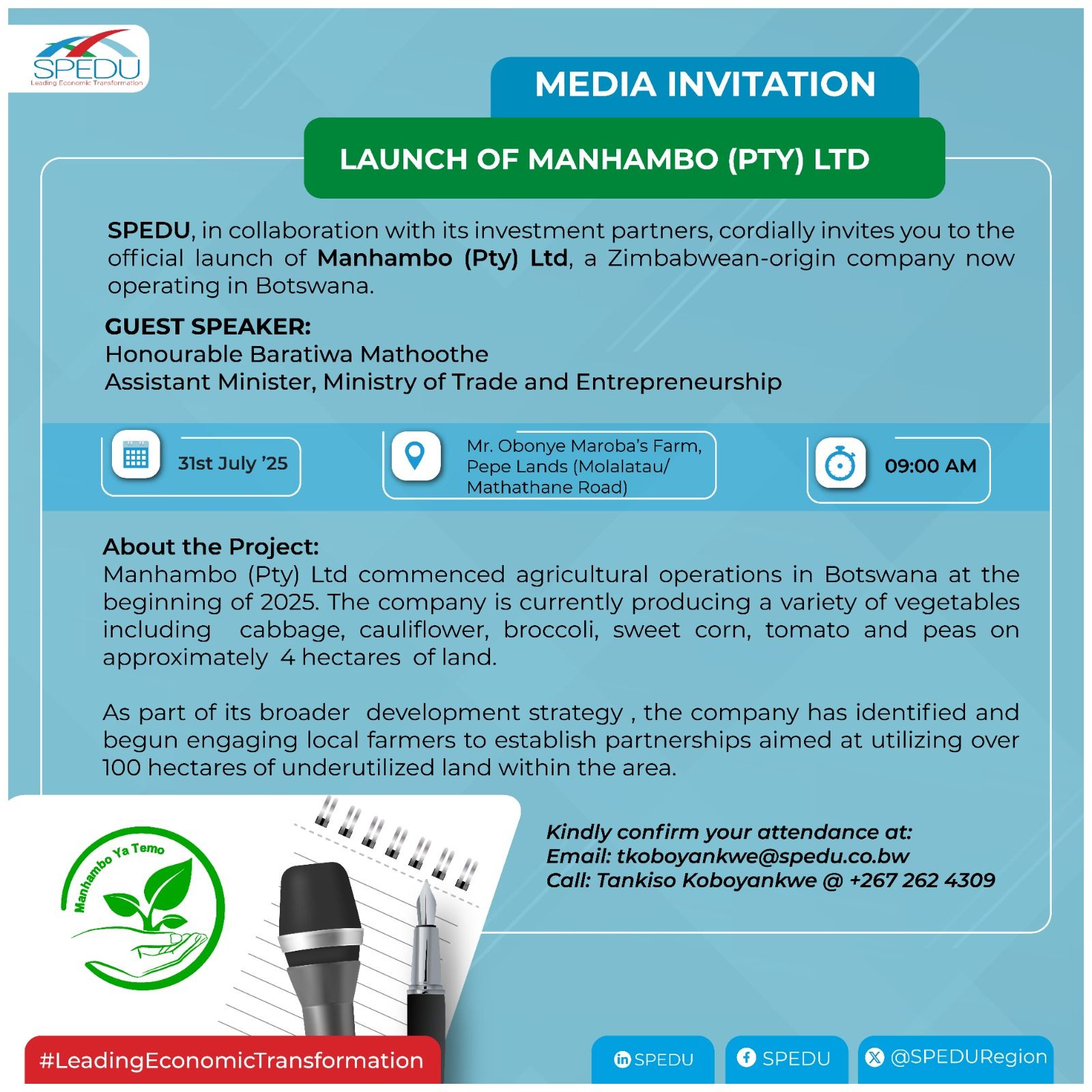 SPEDU - MEDIA INVITATION LAUNCH OF MANHAMBO (Pty) LTD SPEDU, in ...