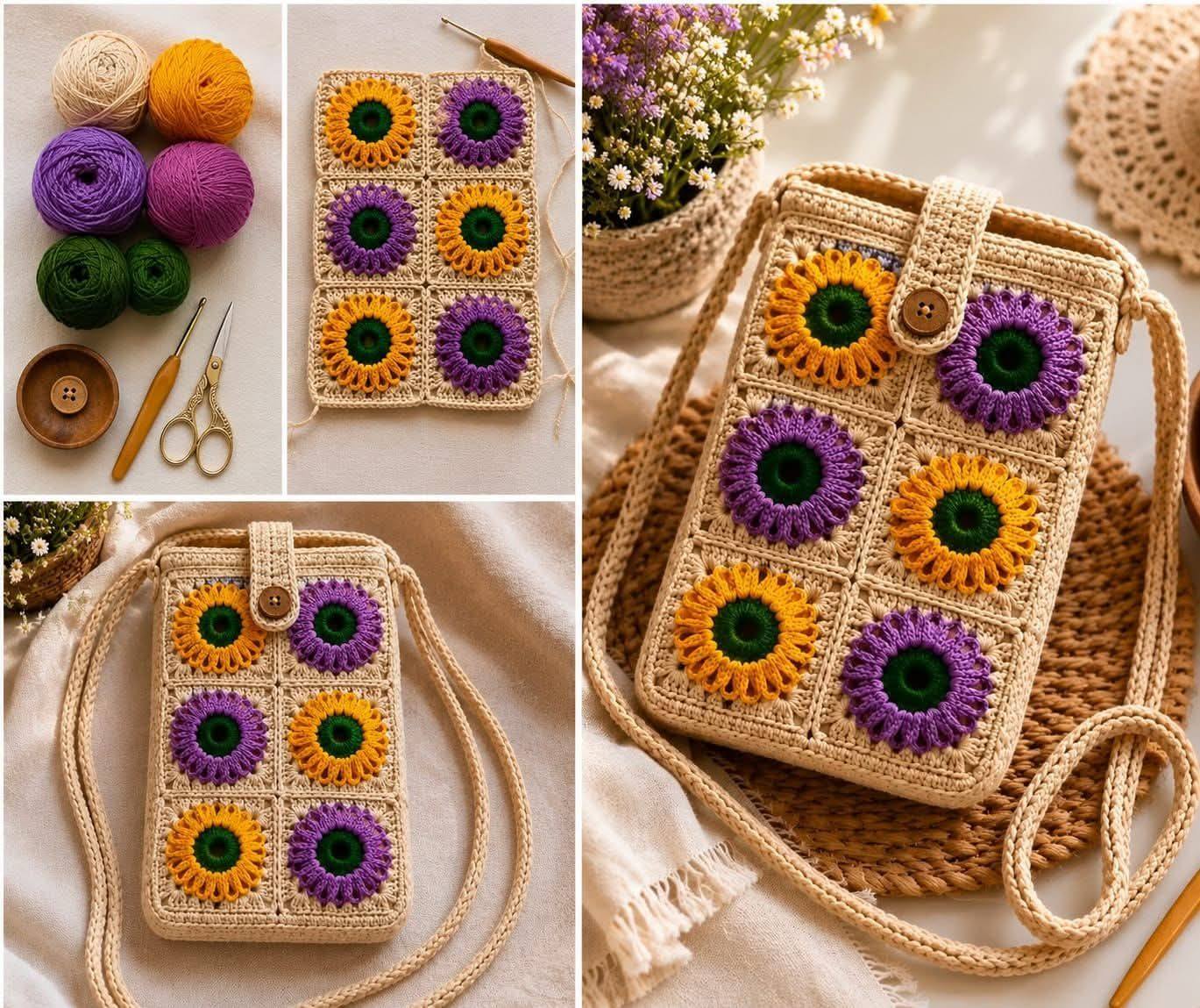 Knitting a bag with snake cable and flower motifs