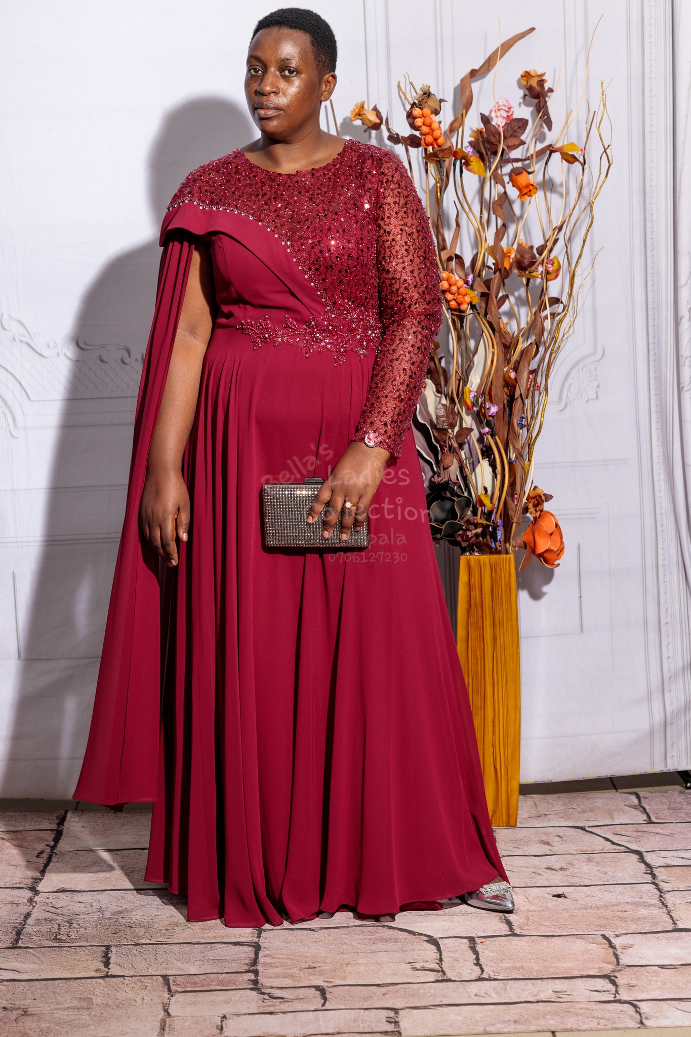 ladies party gown dresses Burgundy sequin dress with lace sleeve at Bella's Collection in Kampala look-elka-sleeved-shirt-havanna-navy