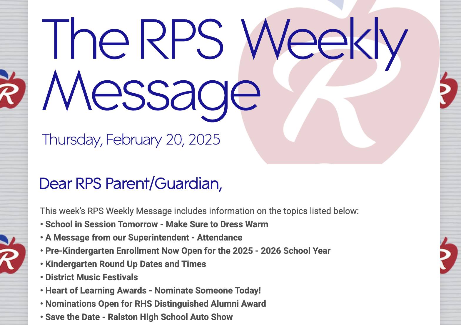 Blumfield - Here is a link to the RPS Weekly Message for Thursday ...