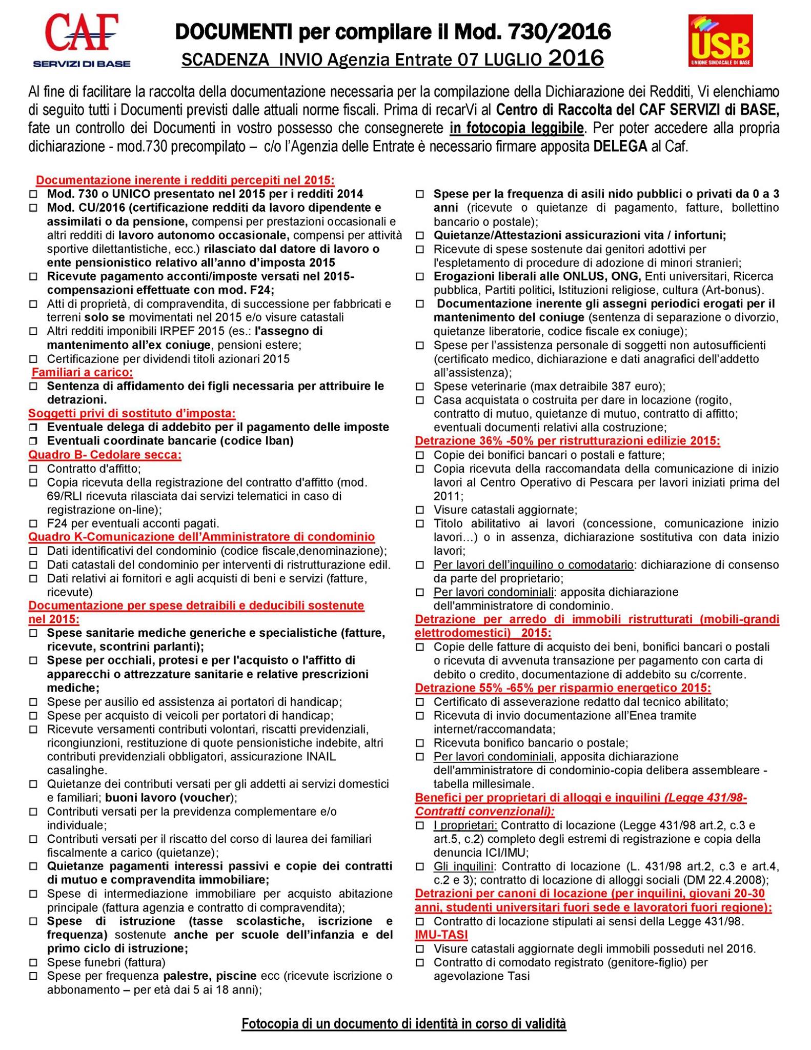Usb Campania Assistenza Fiscale 2016 Modello 730 Unico