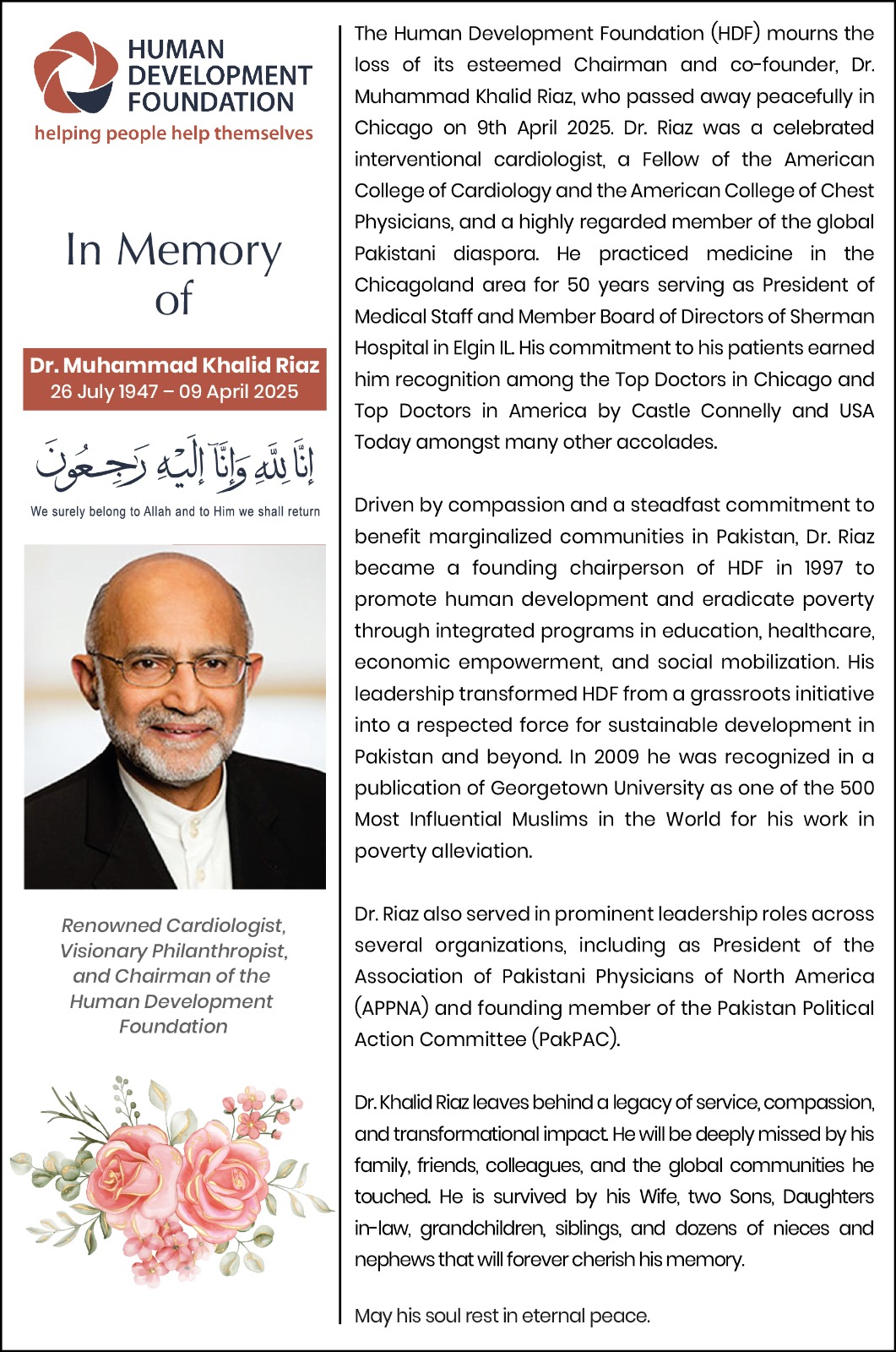 Human - In Memoriam: Dr. Khalid Riaz (1947-2025) – A Legacy of Healing ...