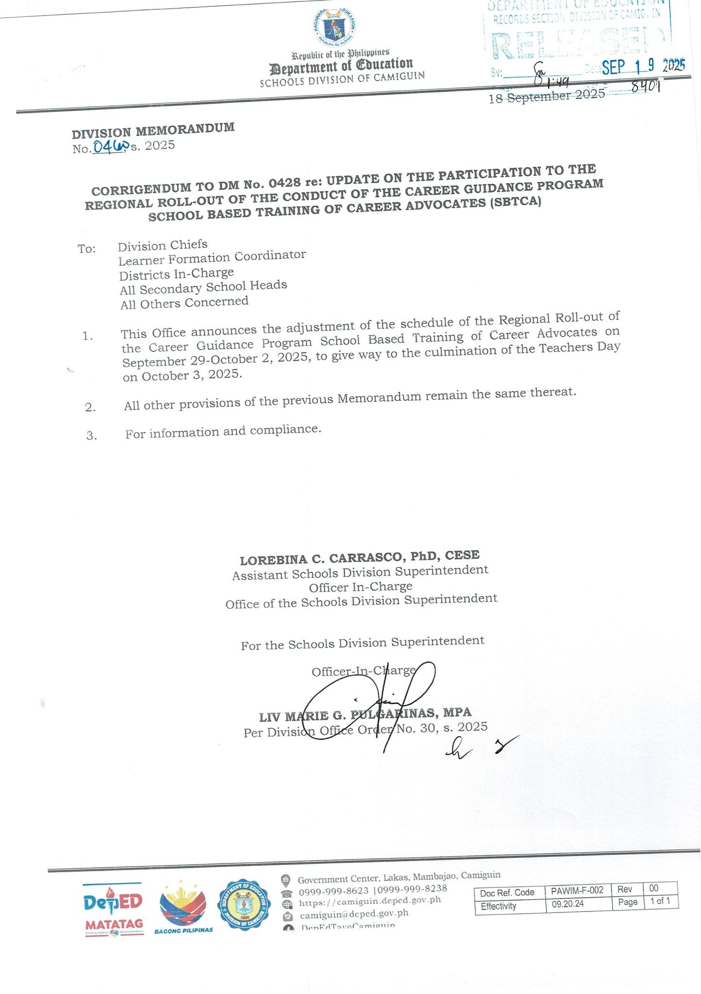 DepEd - DM No. 0460, s. 2025 Corrigendum to DM No. 0428 re: Update on ...