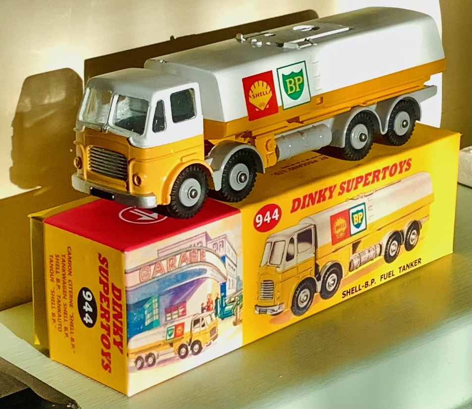 Vintage Dinky toy Esso fuel tanker trucks from the 1960s