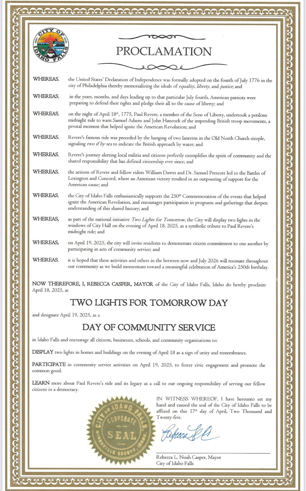 City - Mayor Rebecca Casper has signed a proclamation recognizing this ...
