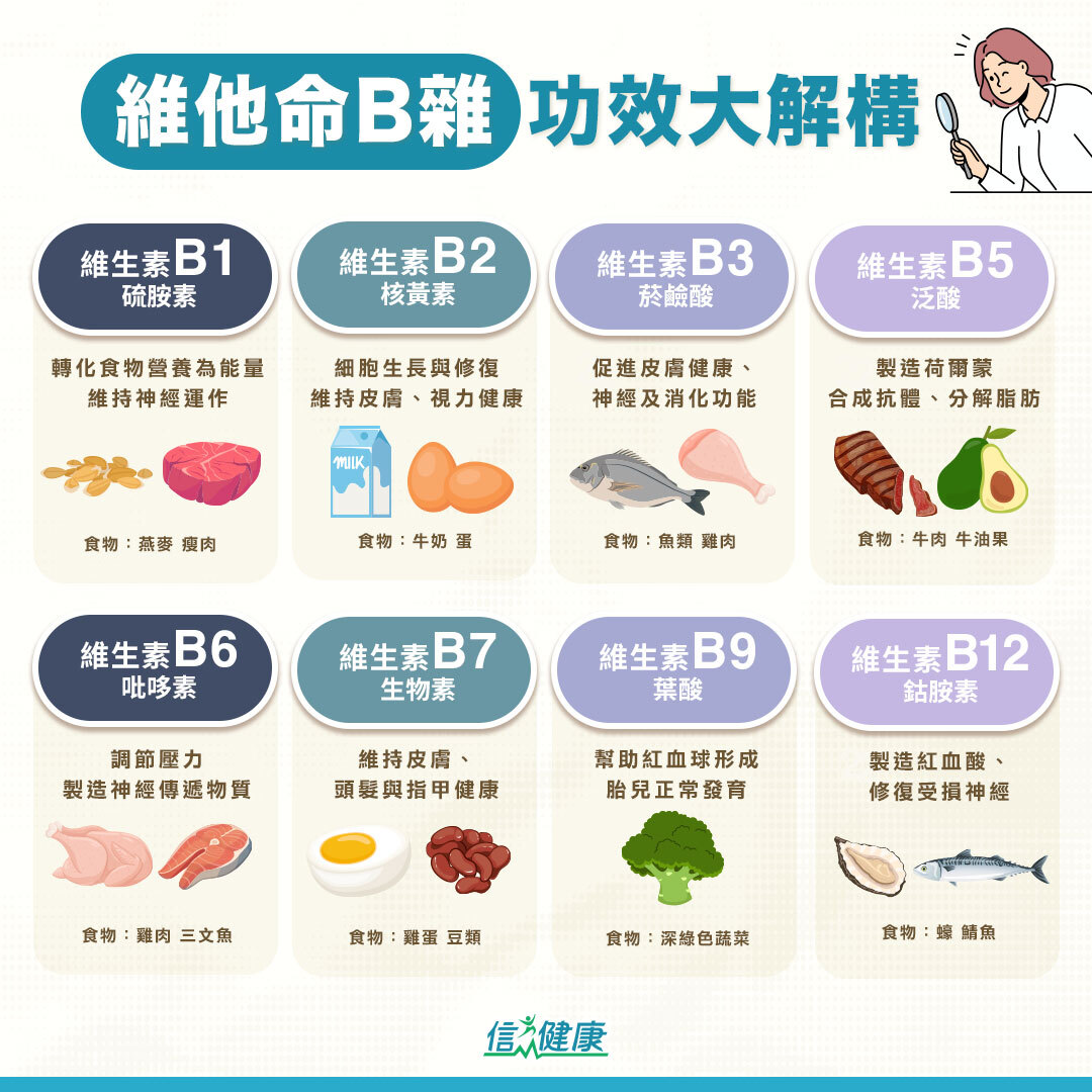 信健康 - 【#EJ營養食物】維他命B雜功效多 一文了解多種維他命B雜的營養功效 都市人生活節奏急促，工時長壓力大及飲食不均，部份人從日常膳食 ...