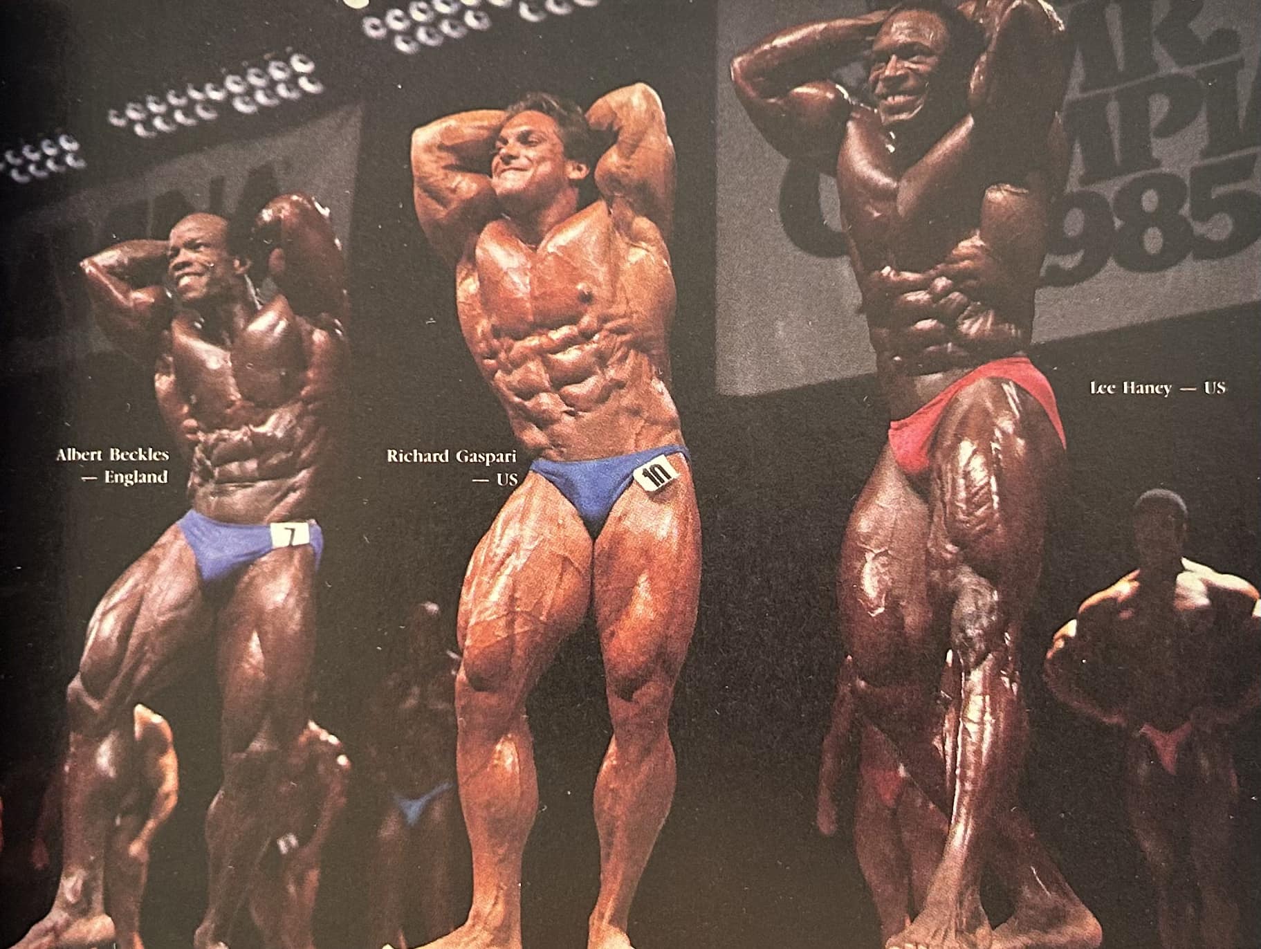 Top 3 at the 1985 Mr Olympia- Beckles, Gaspari and Haney