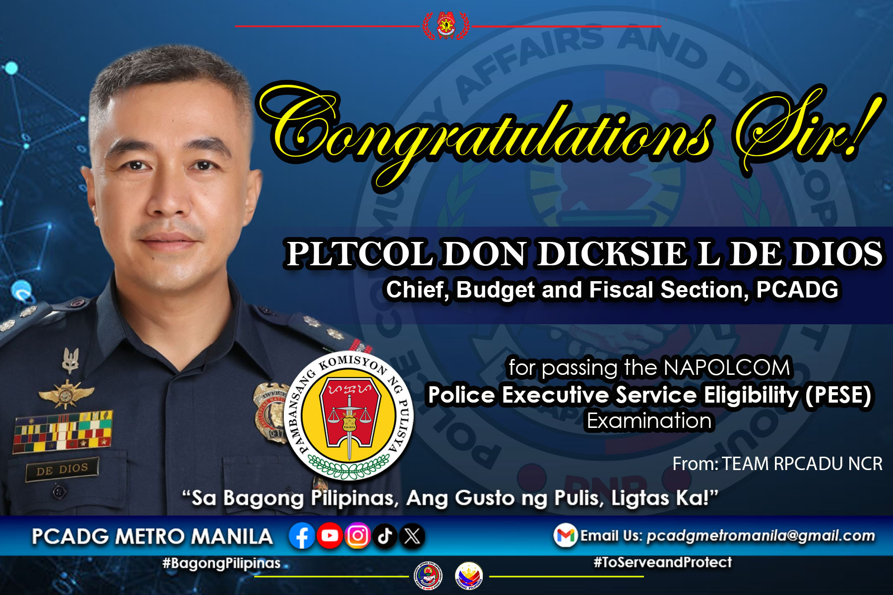 PCADG - CONGRATULATIONS SIR! PLTCOL DON DICKSIE L DE DIOS, Chief ...