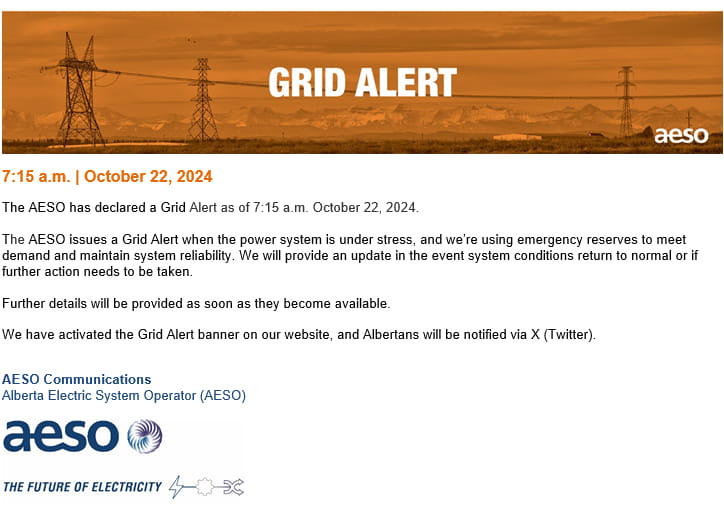 CMcalgary - There was a grid alert this morning 7:15 AM...