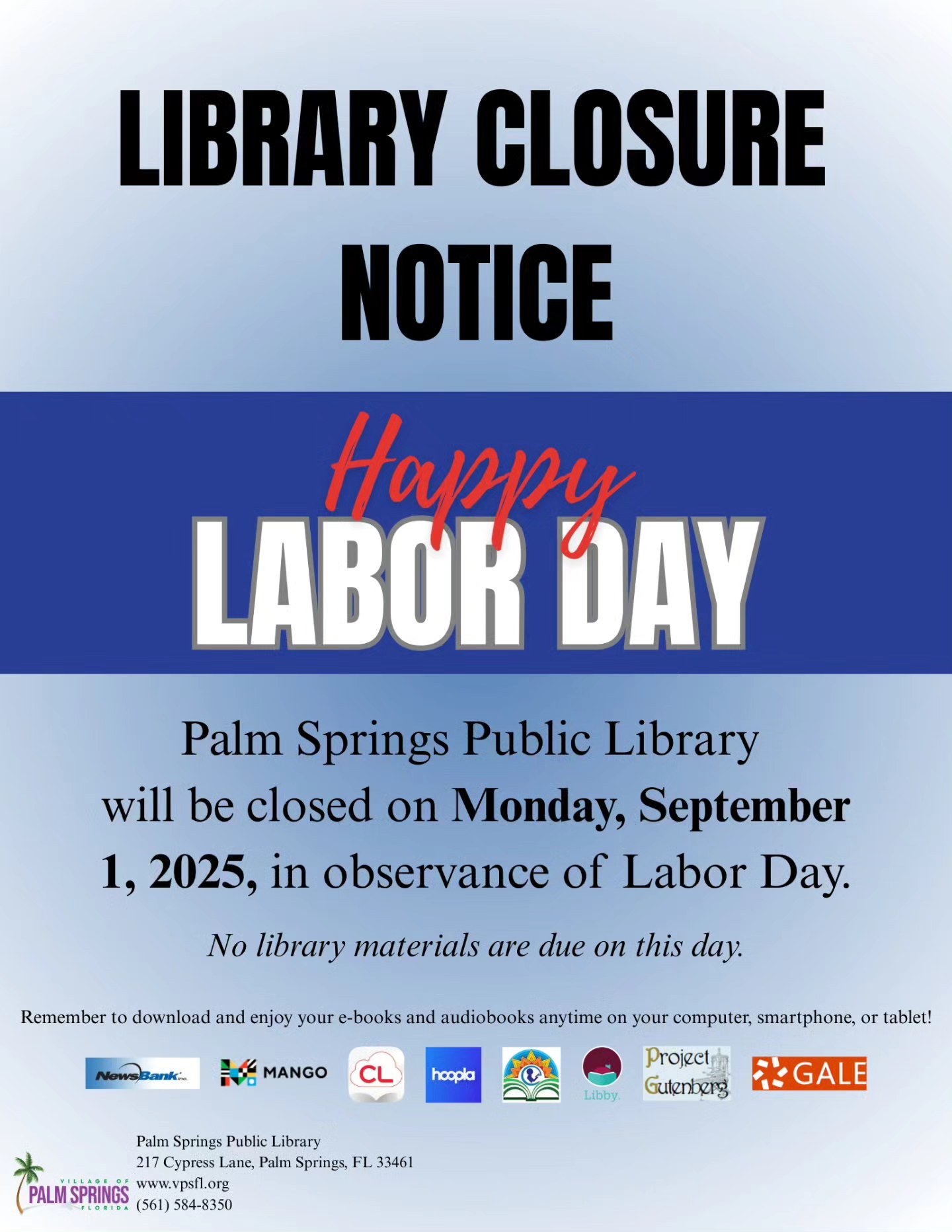 📚 Library Closure Notice 📚 The... - Village of Palm Springs | Facebook