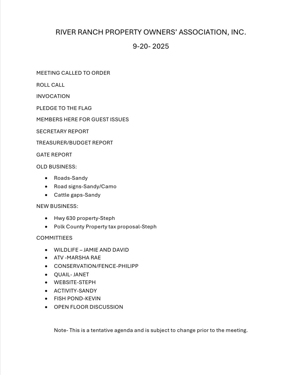 River - 9/9/25 Notice: The monthly board meeting will be held on ...