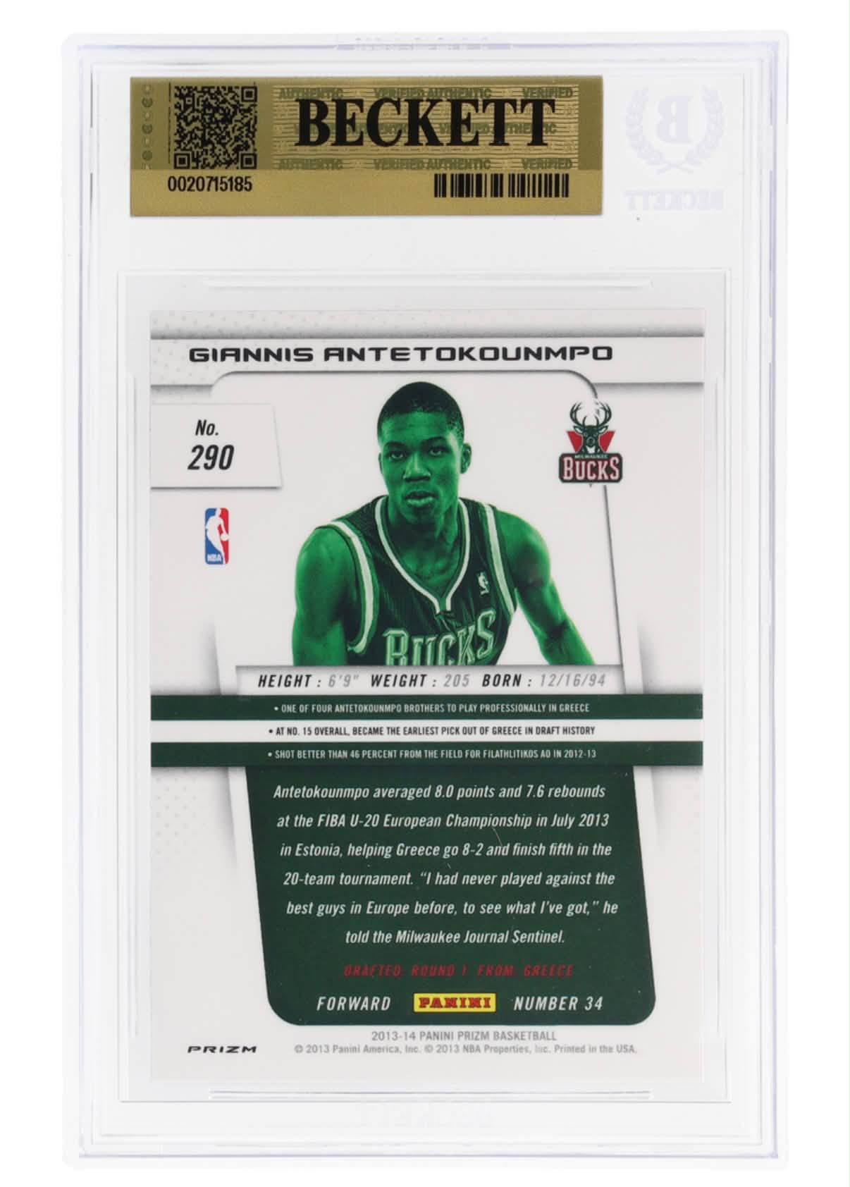 2013 Giannis Antetokounmpo Red White & Blue Mosaic Rookie Card BGS