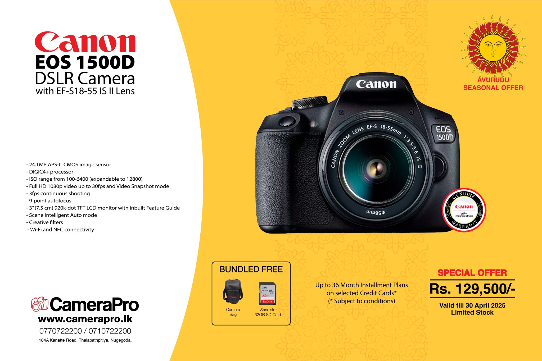 Canon EOS 1500D DSLR Camera with EF-S 18-55 IS II kit lens. - 24.1 