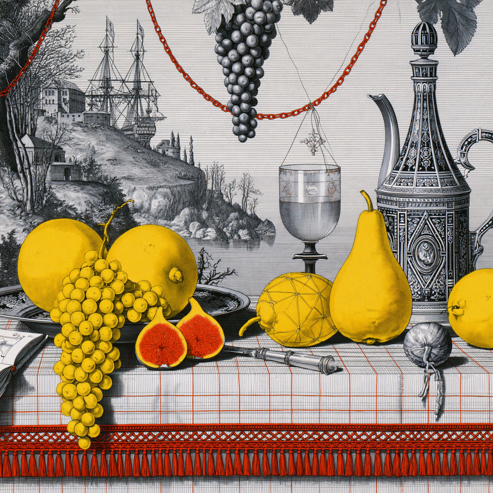 Still life with teapot and fruit against a landscape backdrop