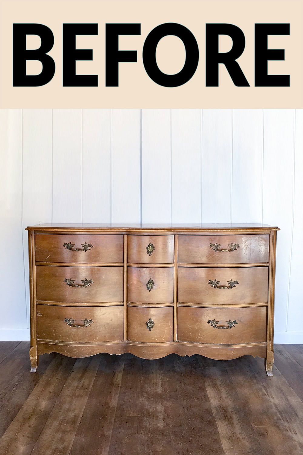refinished vintage dresser in White Lacquer DIY Dresser Makeover
