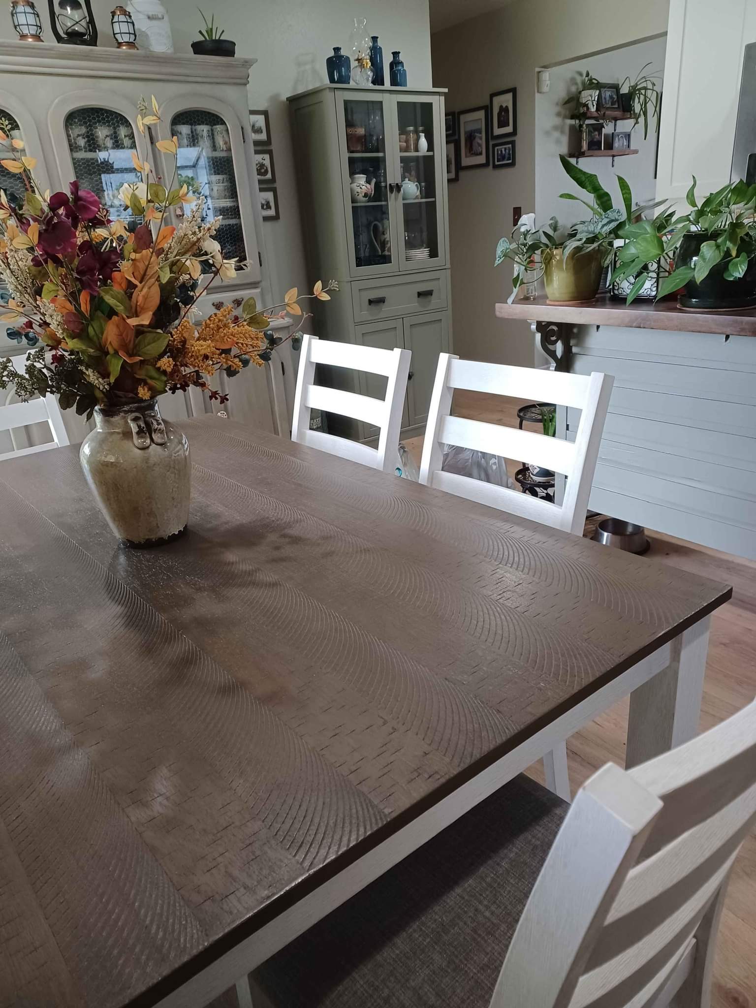 Modern Farmhouse style kitchen table with 4 chairs and bench. Dining