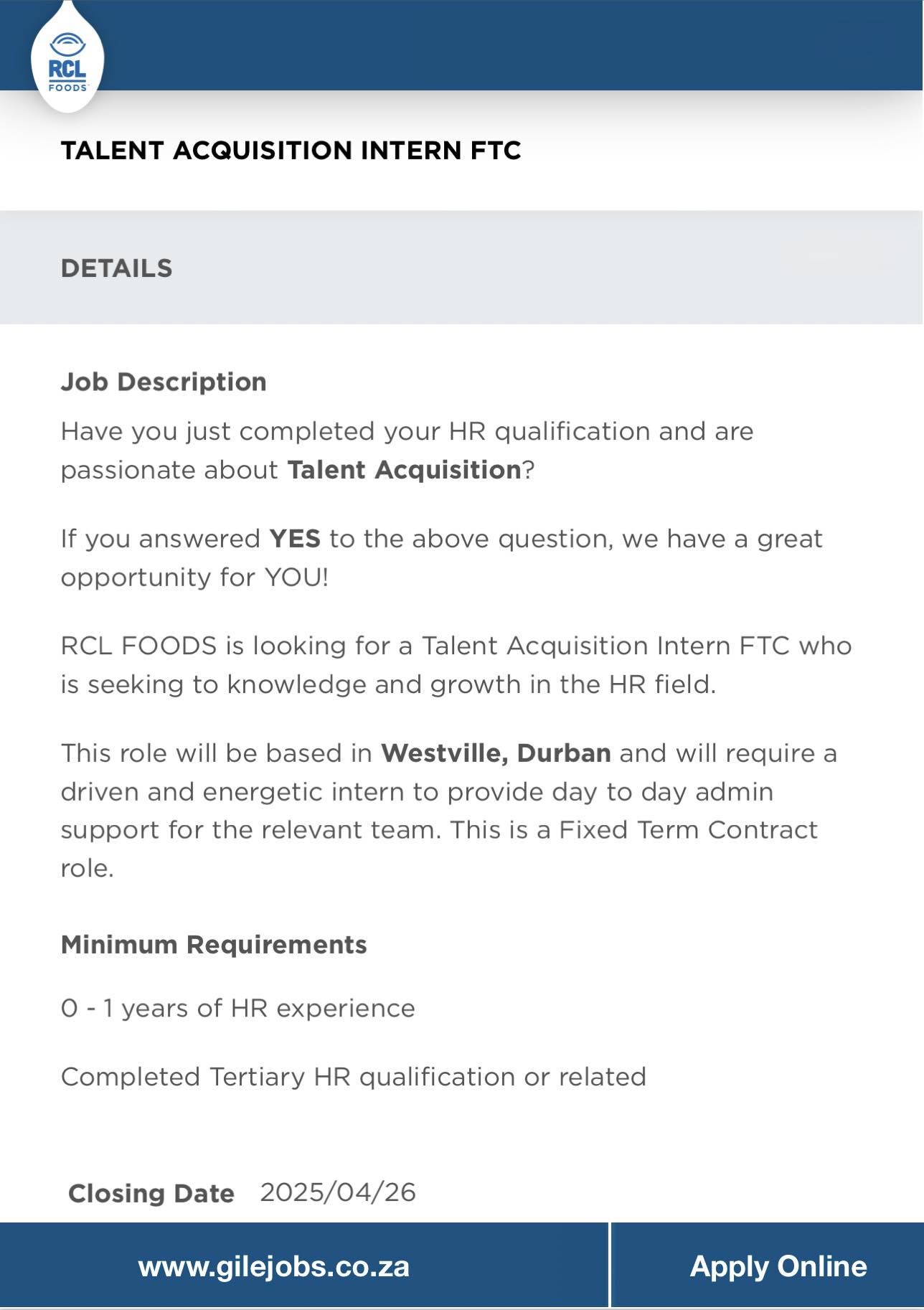 Sekhukhune - RCL FOODS’ Talent Acquisition Internship Programme 2025 / ...