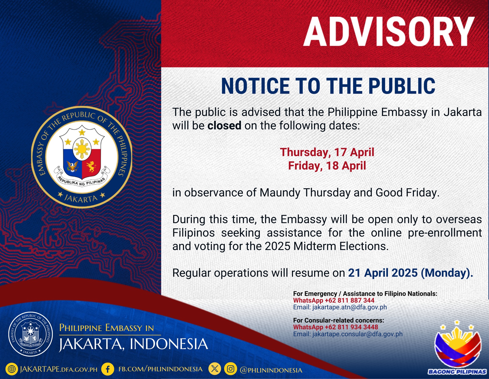 Philippine - 𝐀𝐃𝐕𝐈𝐒𝐎𝐑𝐘 The public is advised that the Philippine Embassy ...