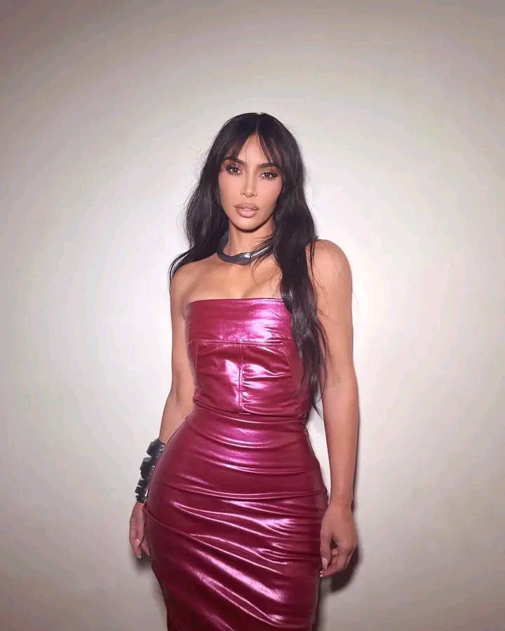 Kim Kardashian in metallic pink strapless dress