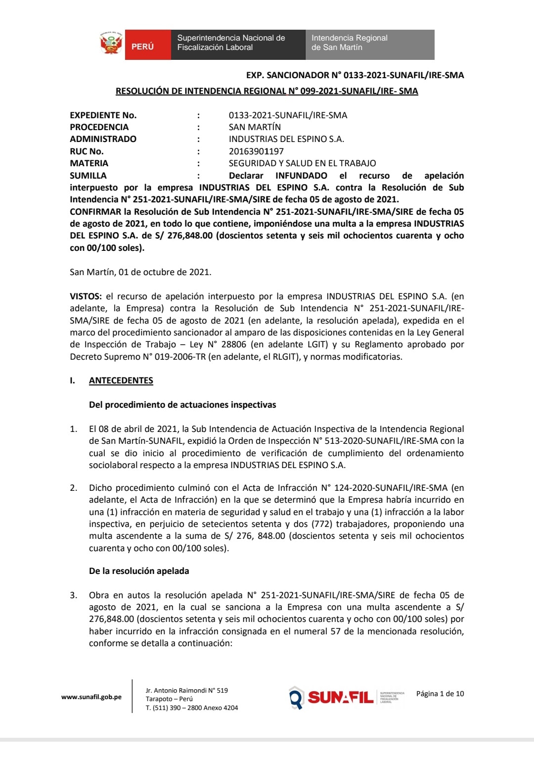 Sindicato único de trabajadores de agricola chapi s.a