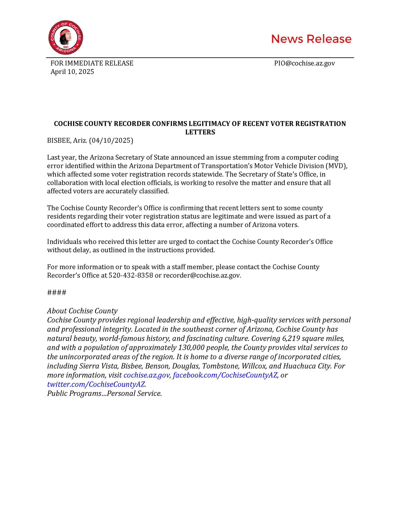 Cochise - 📰 NEWS RELEASE: COCHISE COUNTY RECORDER CONFIRMS LEGITIMACY ...