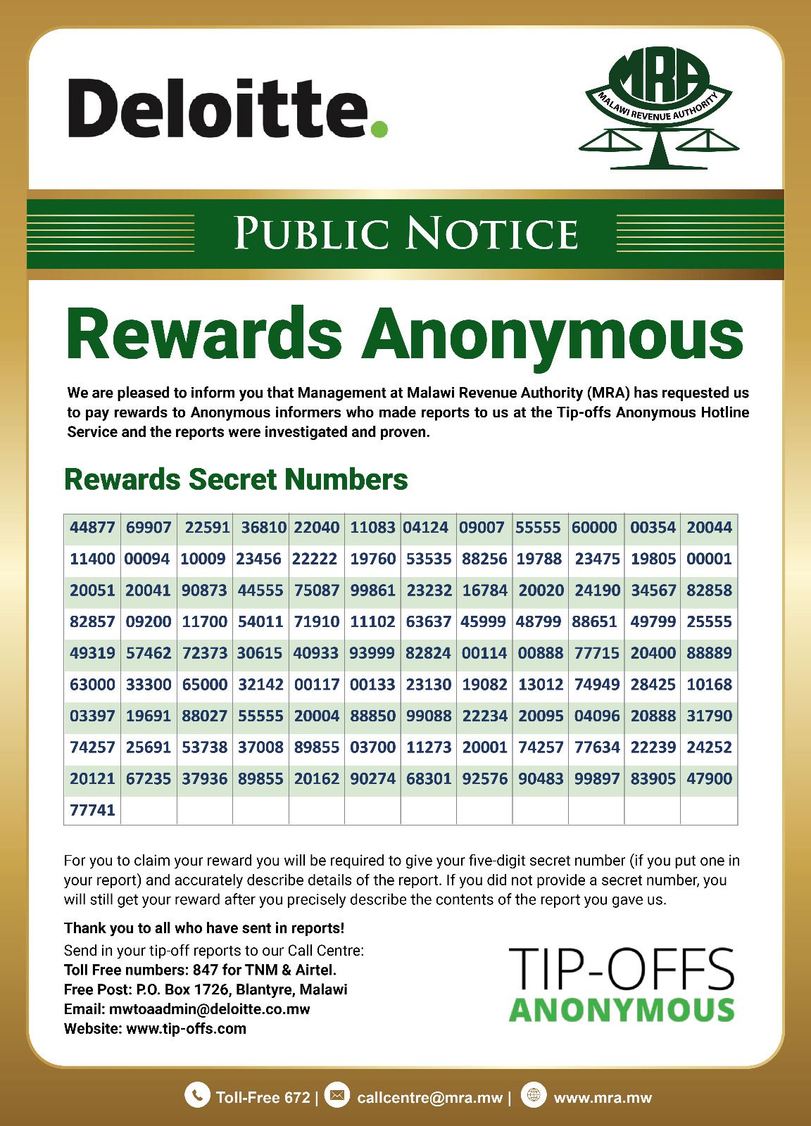 Malawi - PUBLIC NOTICE!!! Rewards to Anonymous Informers. #Tip ...