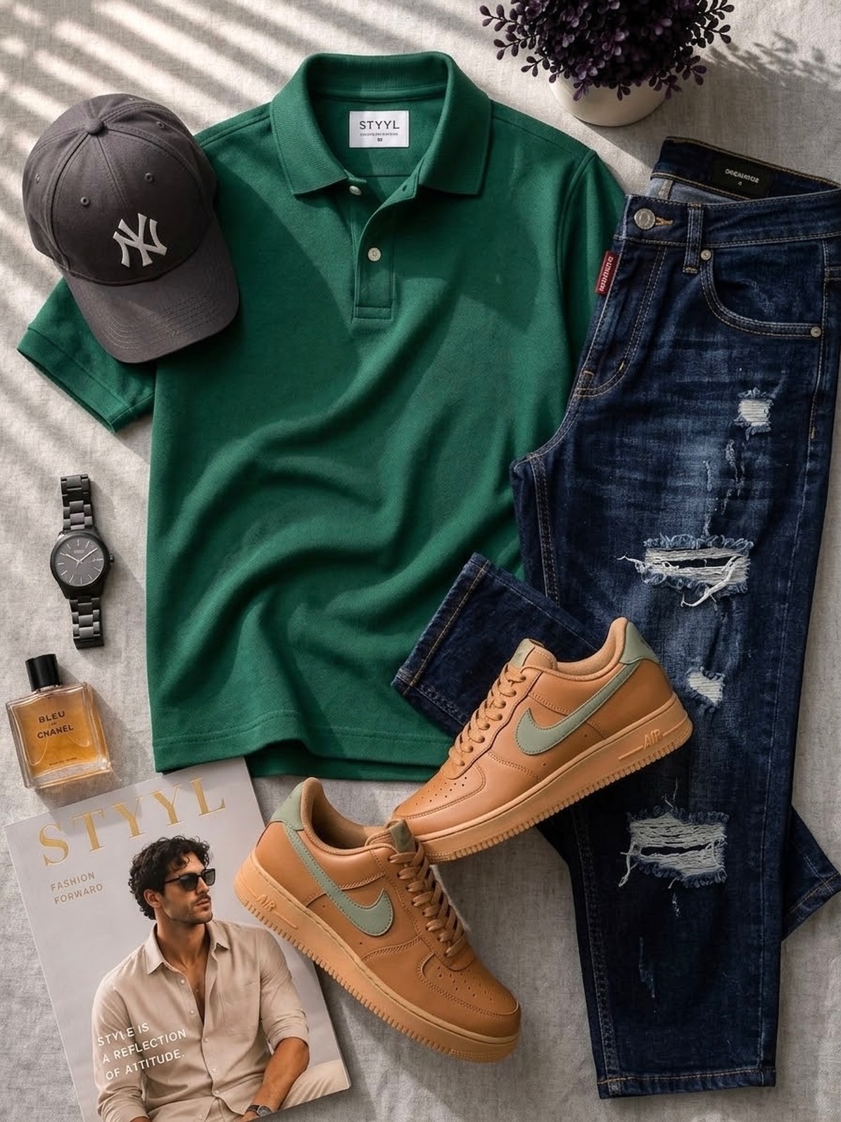 Emerald green, distressed denim and warm tan sneakers — a bold casual combination with effortless street-ready style. 💚👟