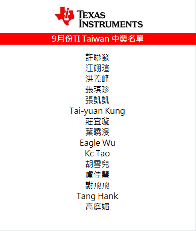 這是9月份的 TI Taiwan 的中獎名單!! 恭喜這 15... - Texas Instruments Taiwan | Facebook