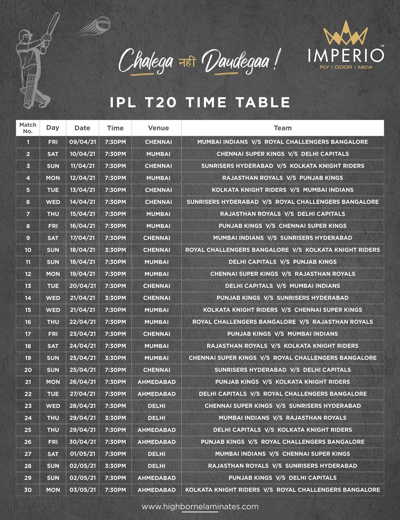 Imperio World - IPL T20 TIME TABLE #IPL2021 #T20 #IPLT20...