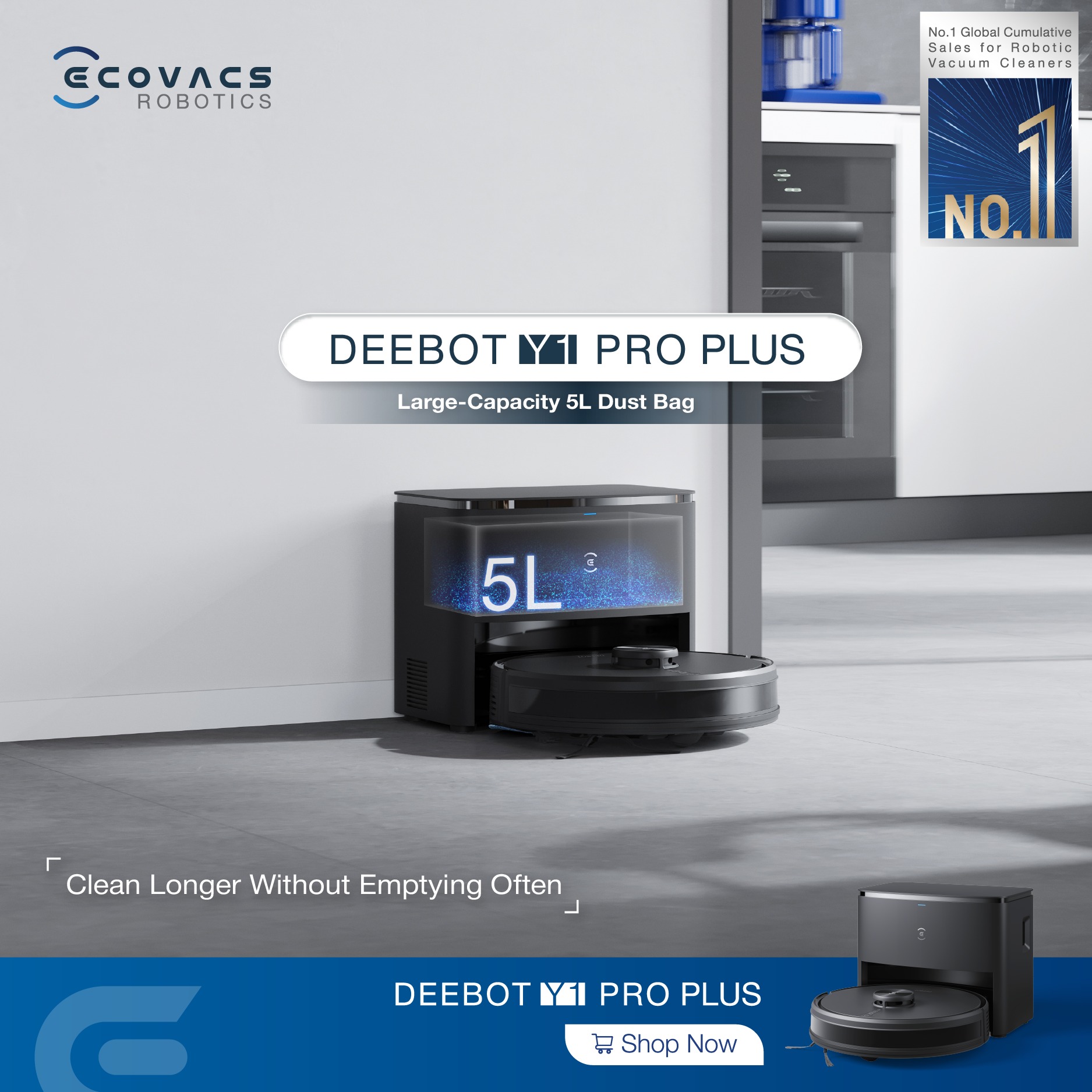 With its large 5L dust bag, DEEBOT Y1 PRO PLUS lets you clean more 