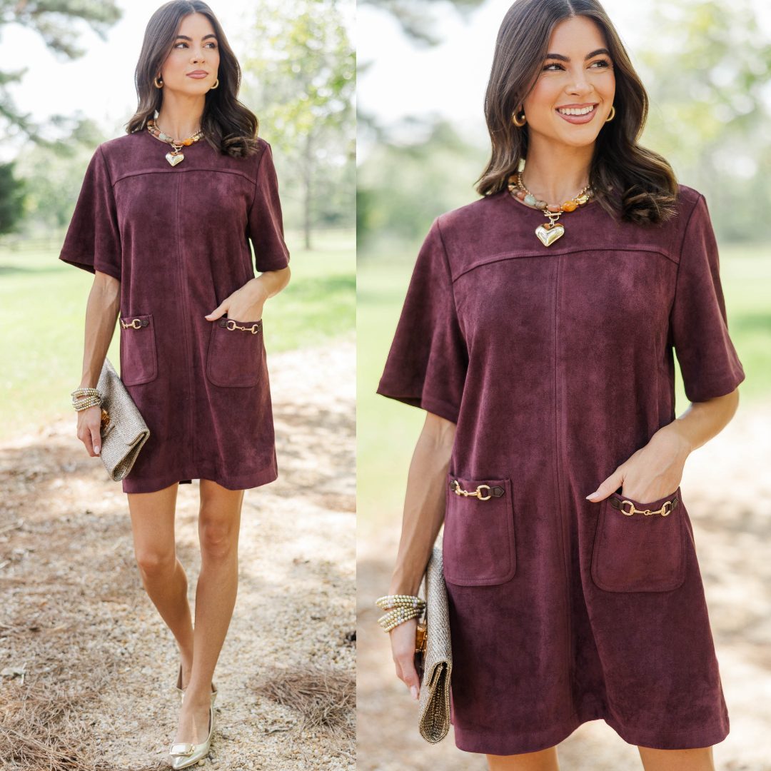 Burgundy dress with gold hardware for easy styling