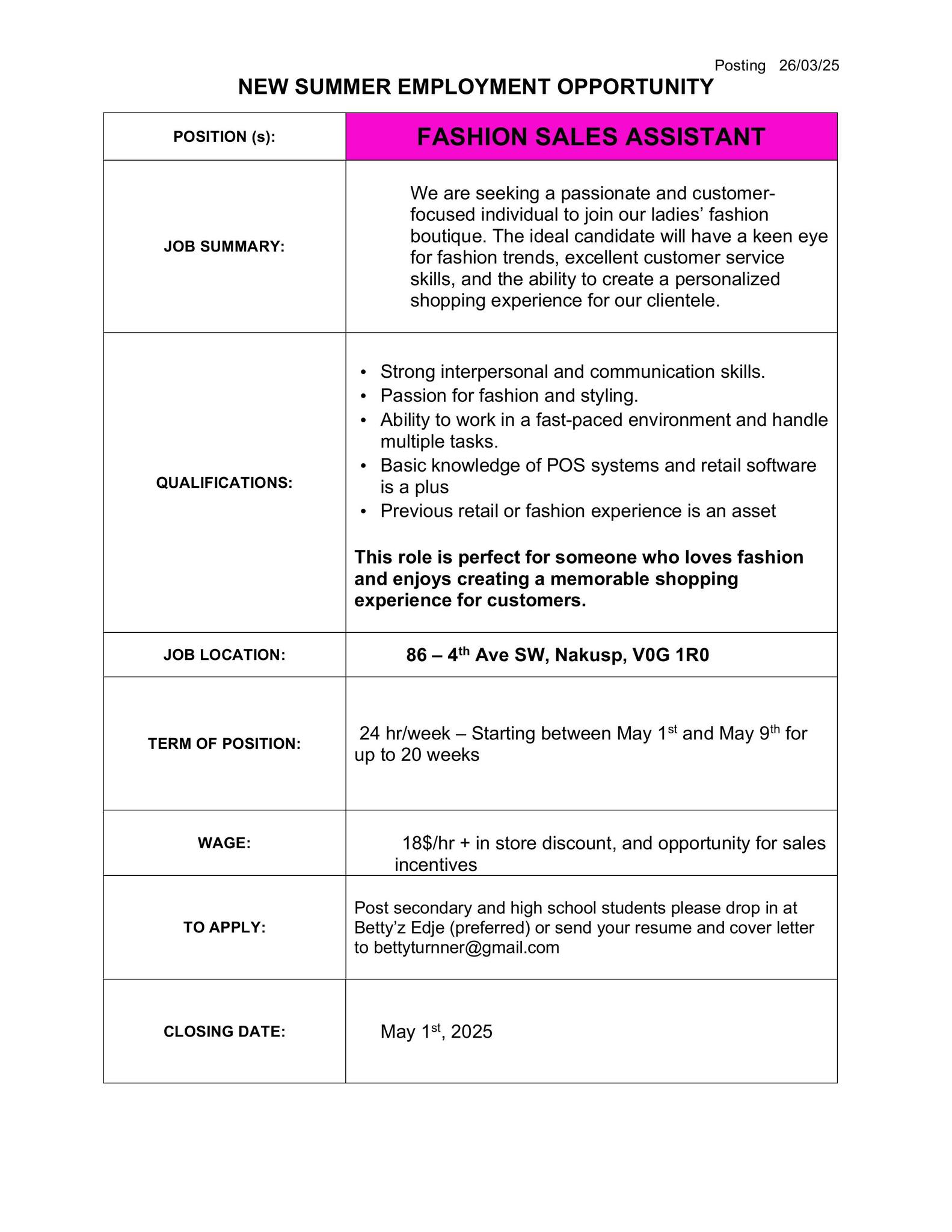 Workbc - 🌞 Summer Job Opportunity in Style! Betty’z Edje Boutique in ...