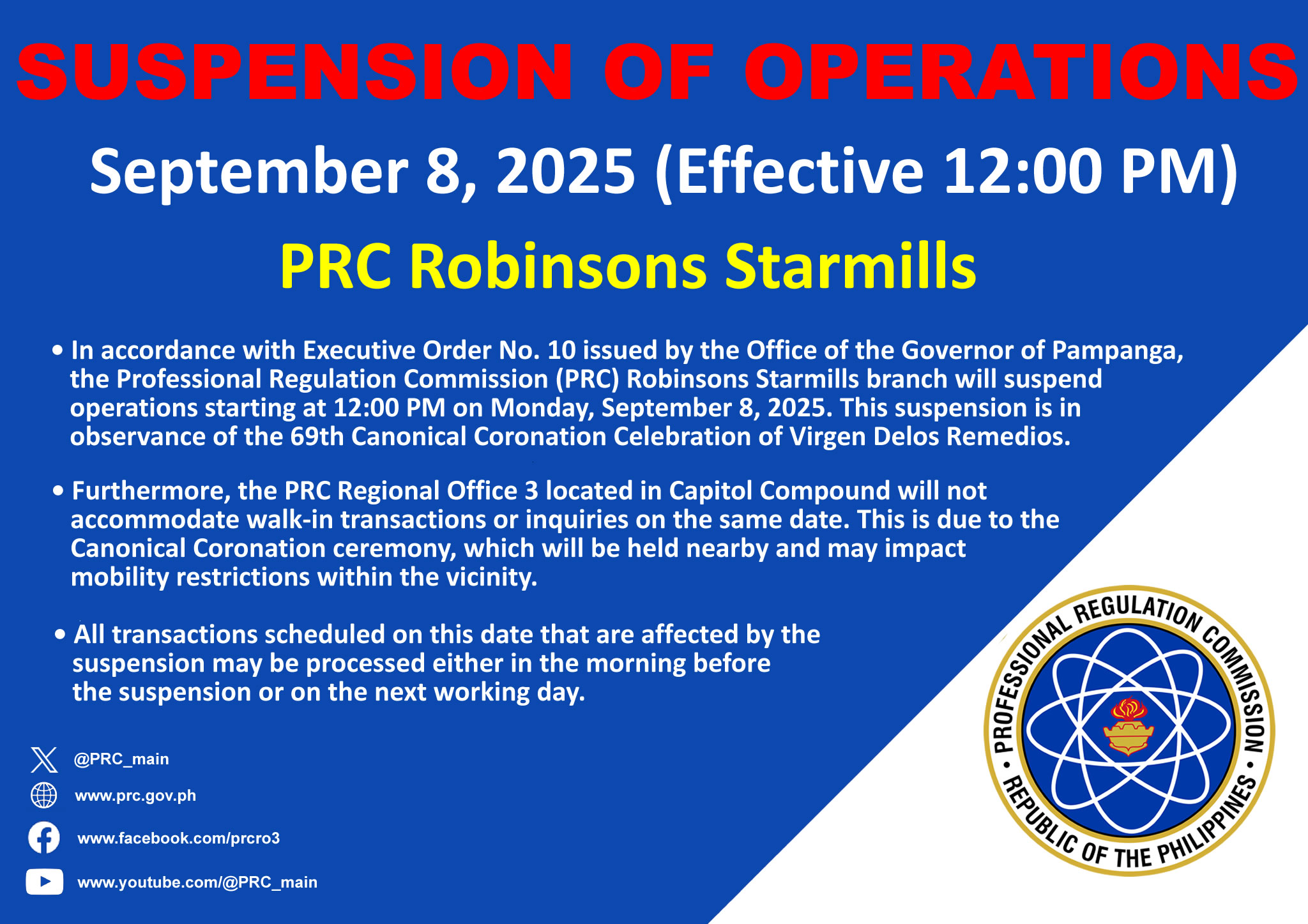 PRC - SUSPENSION OF OPERATIONS September 8, 2025 (Effective 12:00 PM ...