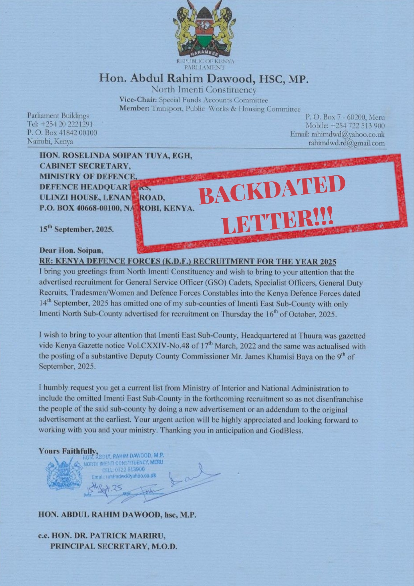 Mt - Outgoing North Imenti MP Mumeru Mutune has written a backdated ...