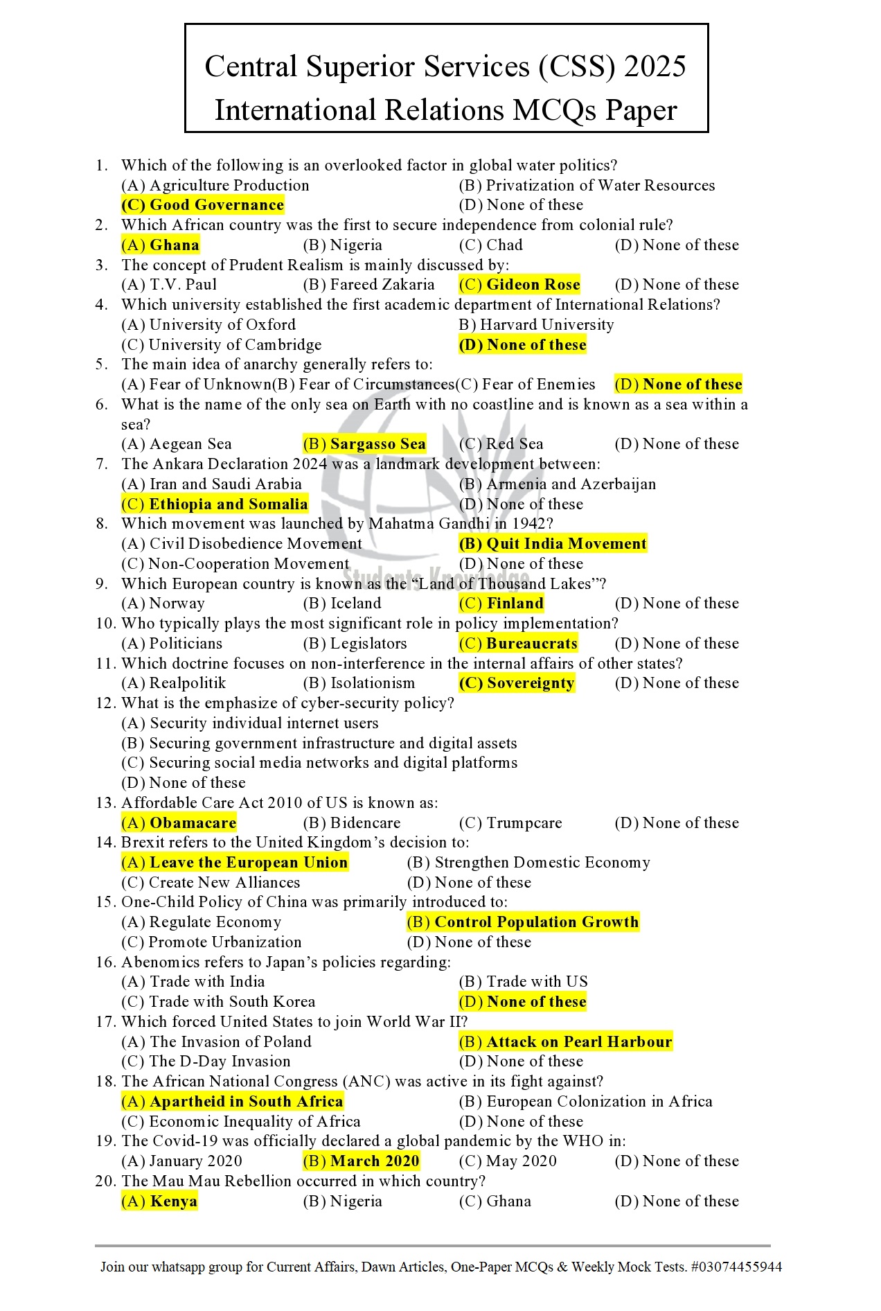 Students - CSS 2025 International Relations Paper Solved MCQs Join our ...