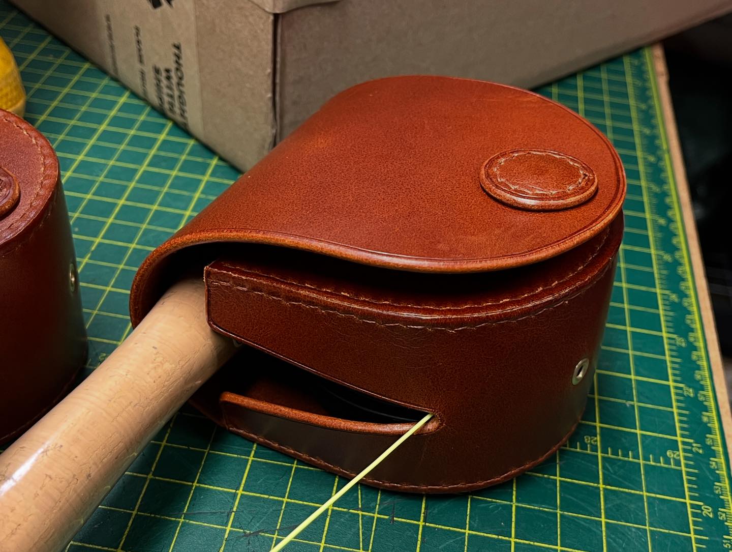 custom fly reel covers Platform Leather Case Chestnut / White 3 sizes Custom Platform Leather Fly Reel